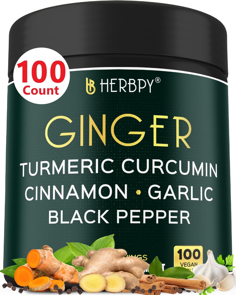 5in1 Gember en Kurkuma Supplementen met Ceylon kaneel, Knoflook - Digestie, Immune, Hersenen & Hart Gezondheid Ondersteuning - 100 Vegan Capsules