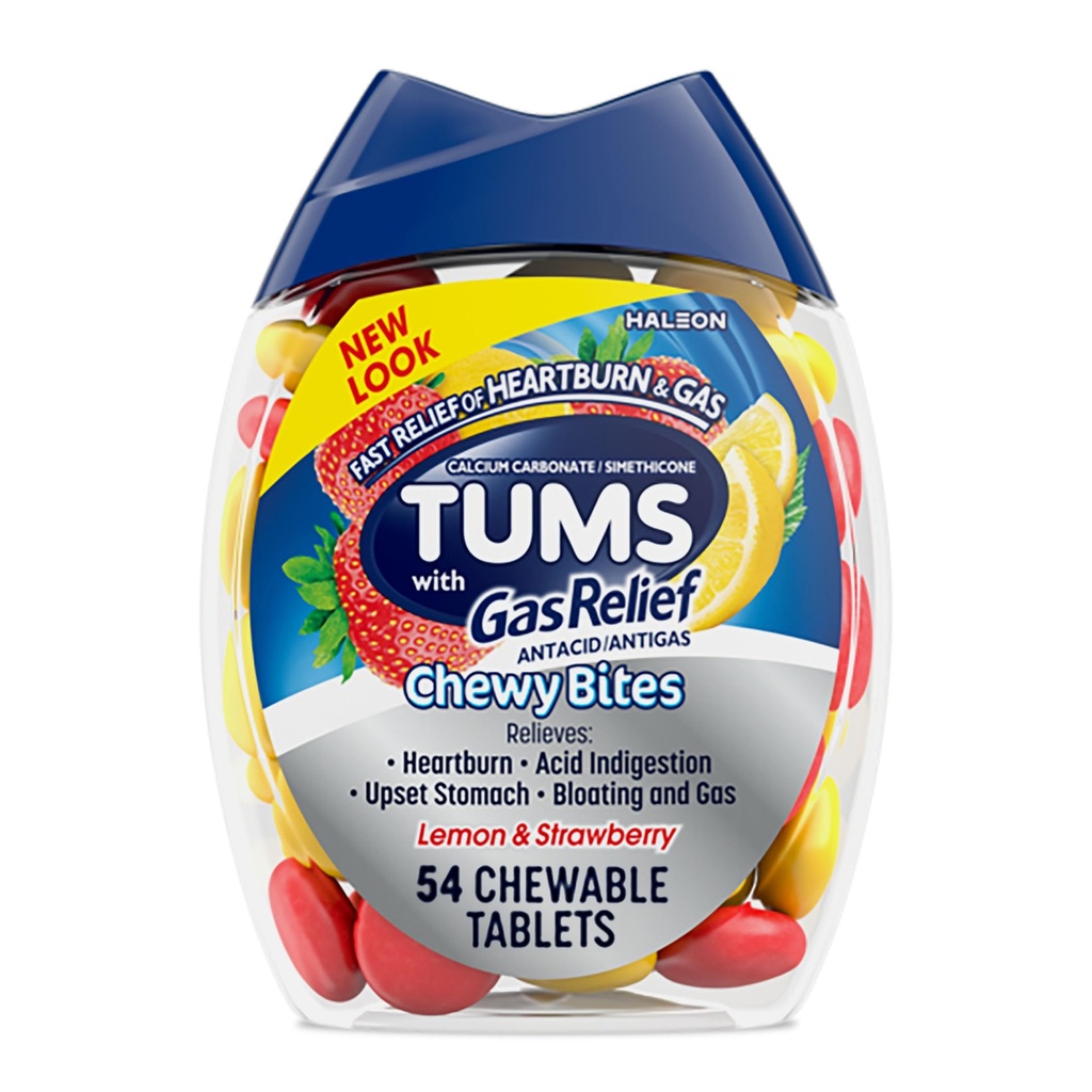 TUMS Chewy Bites Kauwbare Antacida tabletten met Gas Relief, Citroen & Aardbei - 54 Tellen