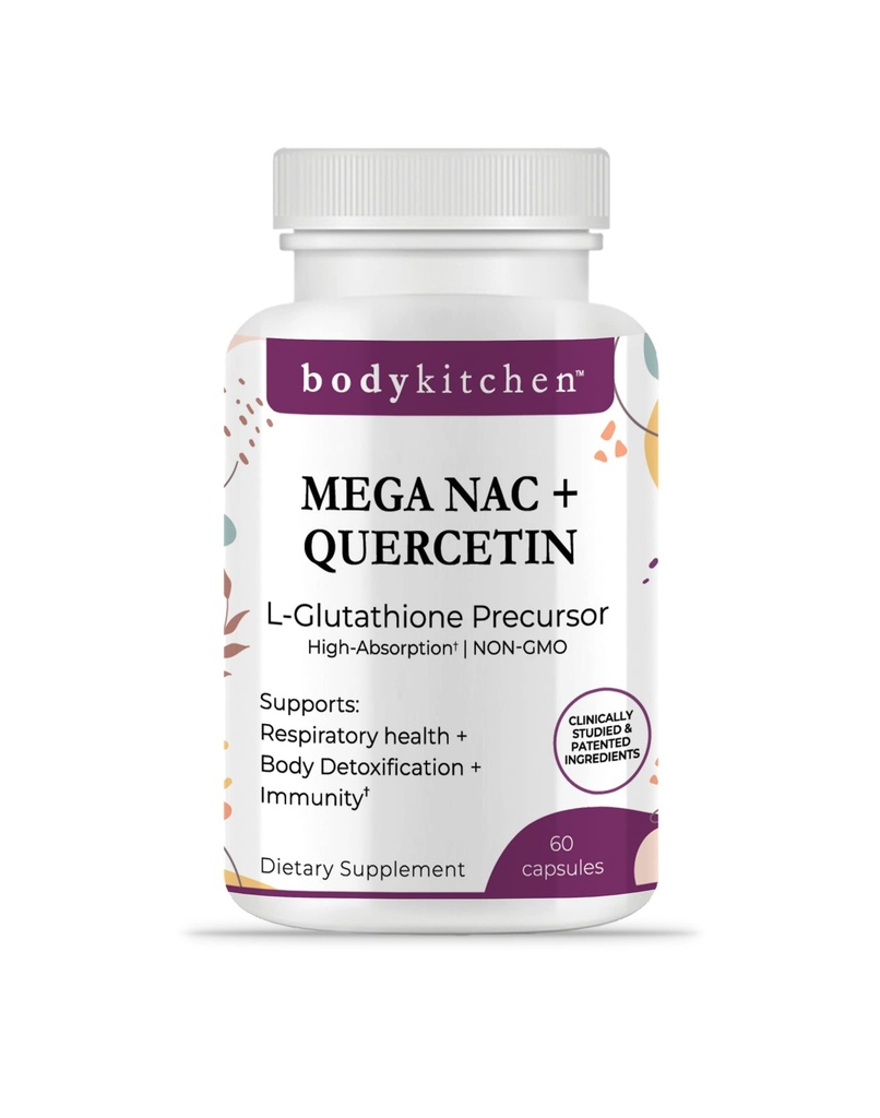 Body Keuken Mega NAC (N-Acetyl Cysteine) 600 mg met quercetine, ondersteunt de ademhalingsgezondheid en de immuunfunctie en bevordert lever- en nierdetox, Veggie Caps, (verpakking van 1)