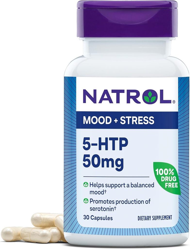 Natrol Mood & Stress 5-HTP 50mg, Dieetsupplement helpt een Balanced Mood ondersteunen, 30 capsules, 7-30 dagen levering