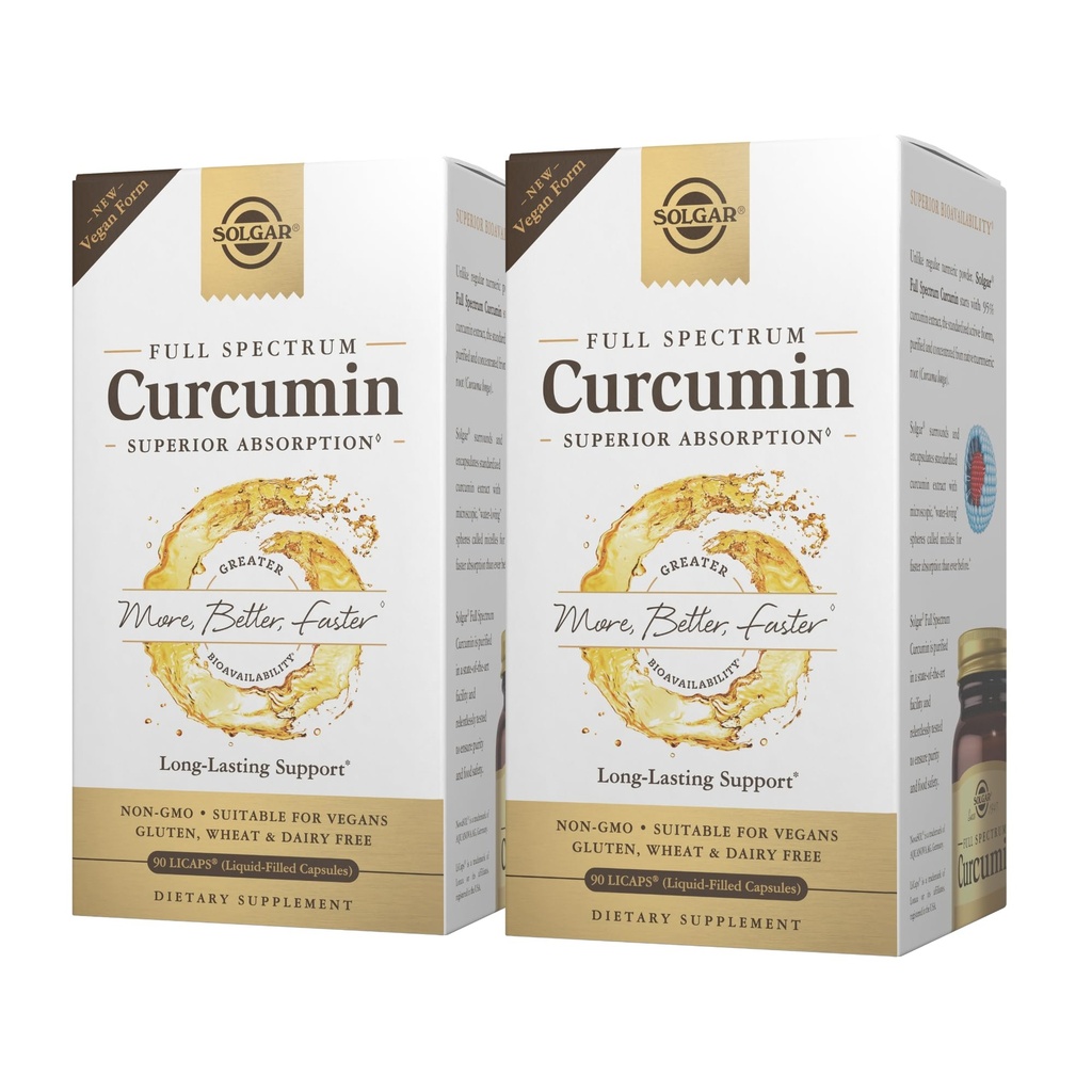 Solgar Curcumin plein spectre - 90 LiCaps, pack de 2 - Absorption supérieure - Santé cérébrale, articulaire et immunitaire - Non-OGM, végétalien, sans gluten, sans lait - 180 portions totales