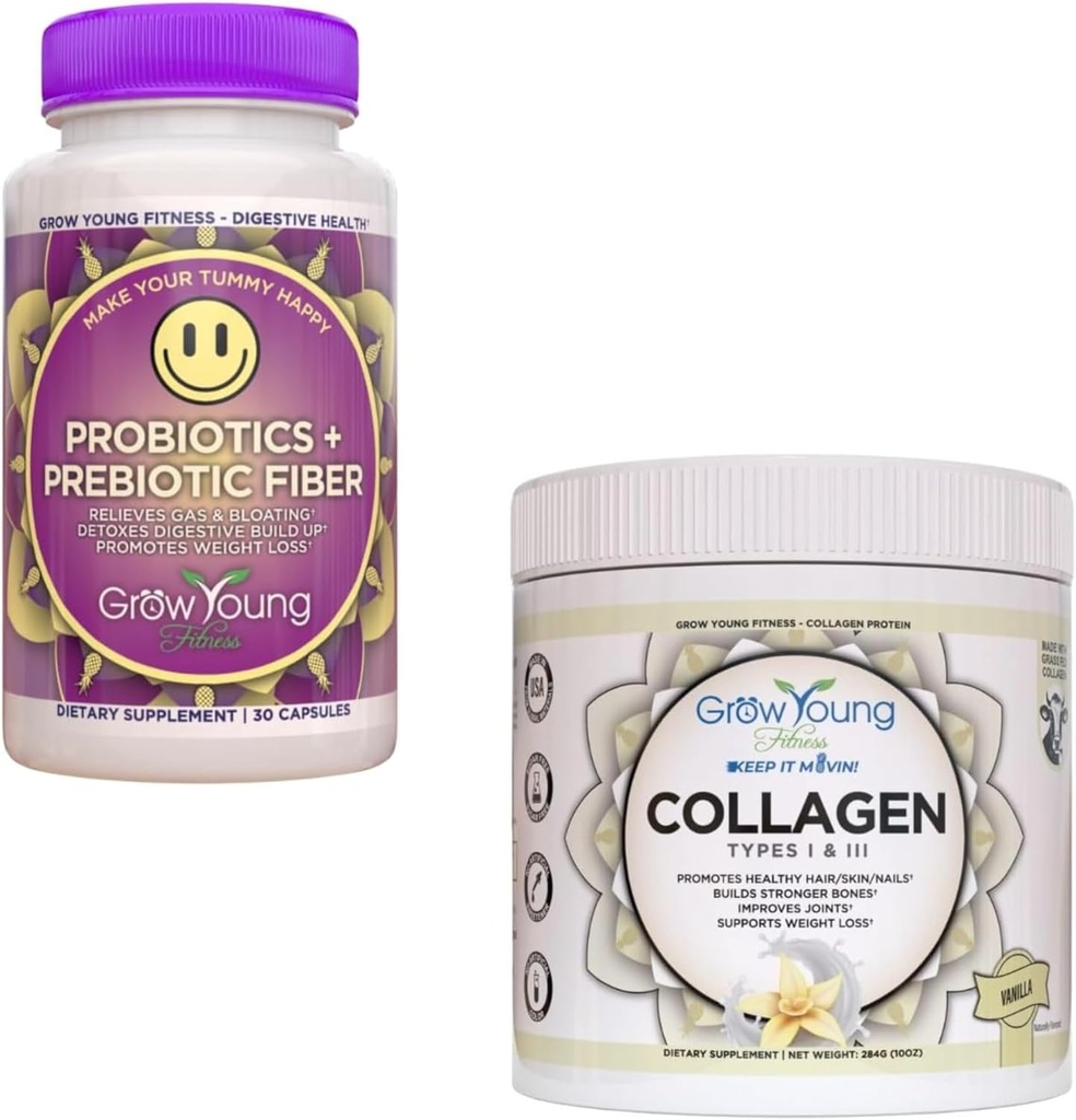 Grow Young Fitness Probiotica en Vanilla Collageen - Ondersteunt de spijsvertering en bevordert huid en botten - (1) 30-pack Probiotica + 12.4oz Vanilla Collageen Poeder