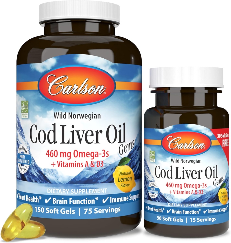 Carlson - Huile de foie de morue Gems, 460 mg Omega-3s + Vitamines A & D3, Huile de foie de morue de l'Arctique norvégien, Capsules d'huile de poisson nordique, Citron, 180 Softgels