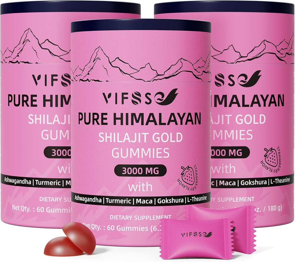 Shilajit Gummies, 3000 Mg Shilajit Pure Himalaya Biologische met Ashwagandha, Kurkuma Sugar-Free Gummies voor mannen en vrouwen, Shilajit Supplement, Non-GMO Nature Shilajit voor energie, 180 Gummies