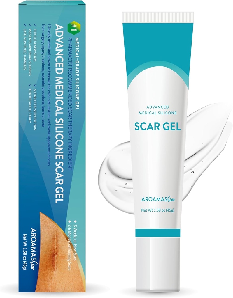 Aroamas Scar Advanced Scar Gel - Medical-Grade Silicone Scar Gel for Surgical Scars, for Face, Scar gel with silicone for Keloids, C-Section, Cosmetic Procedures, Burns, Injuries - 45g
