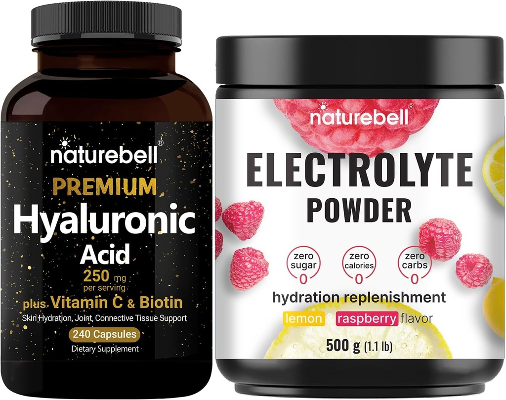 NatureBell Hyaluronzuur Capsules met Biotine + Vitamine C & Electrolyte Hydration Powder Bundle Pack 