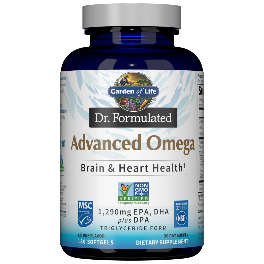 Garden of Life Dr. Formulated Advanced Omega Fish Oil - Citroen, 1,290mg EPA, DHA + DPA in triglyceride vorm, Single Source Omega 3 Supplement voor Ultimate Brain & Heart Health, Non-GMO, 180 Softgels