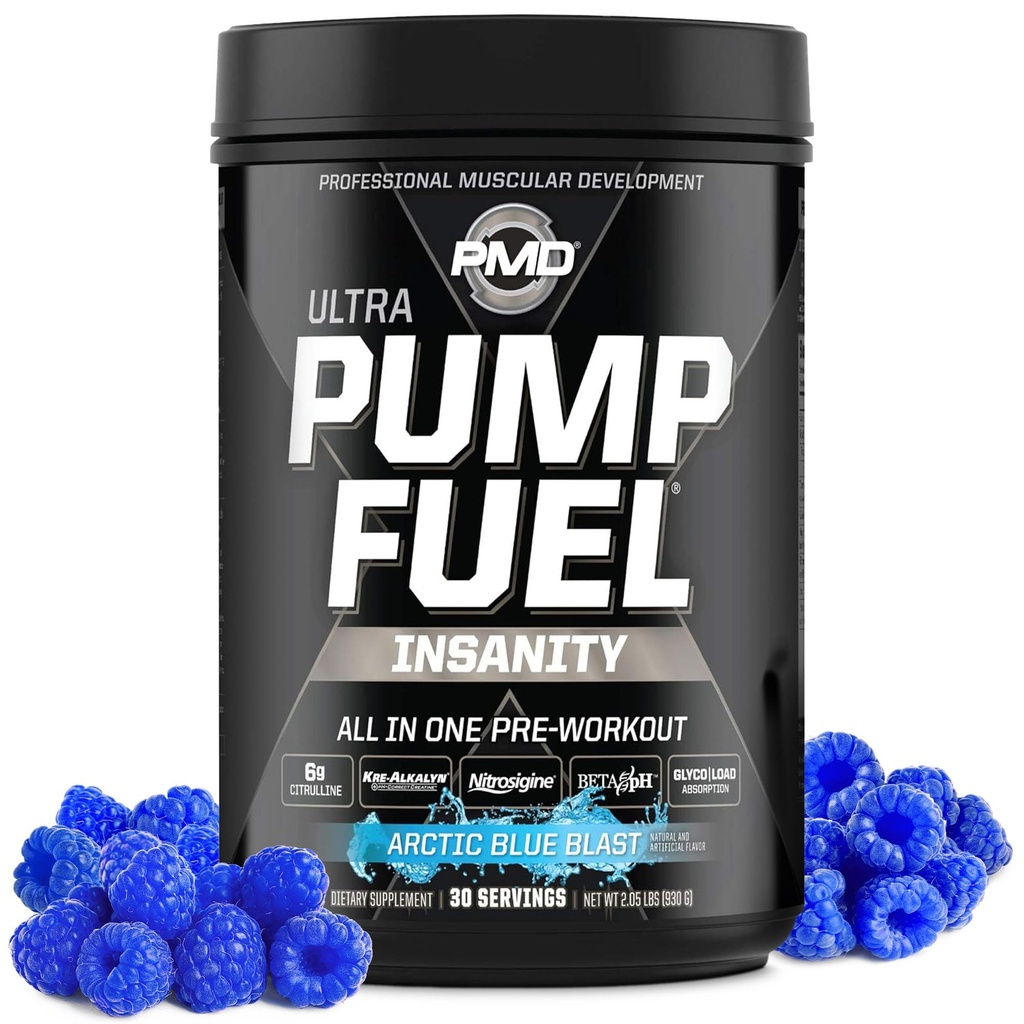 PMD Sportpomp brandstof Ultra waanzin - Premium pre-workout poeder en spierpomp, grotere focus, duurzaamheid en herstel, Premium Creatine, Arginine & Beta Alanine - Arctic Blue Blast (30 porties)