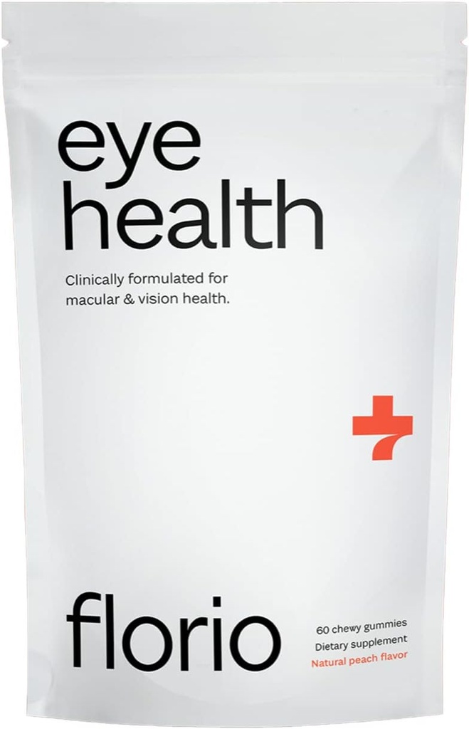 Florio Eye Health Gummy Vitaminen voor volwassenen, 2X Luteïne & Zeaxanthine, Vitaminen A, B2, B3, C & E, Behoud Macula & Retinale Gezondheid, Bestrijdt Oxidatie, 30-dagen aanbod, Natuurlijke Peach Flavor