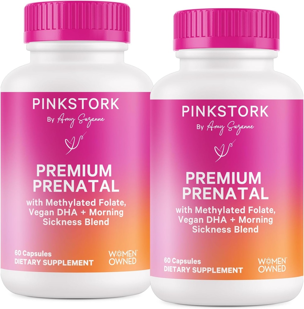 Roze Stork Premium Prenatale Vitamine voor vrouwen - Multivitamine & Probiotica - Ochtendziekte, spijsvertering, & energie - Folaat, B6, & Iron - 60 Capsules - 2 Pack