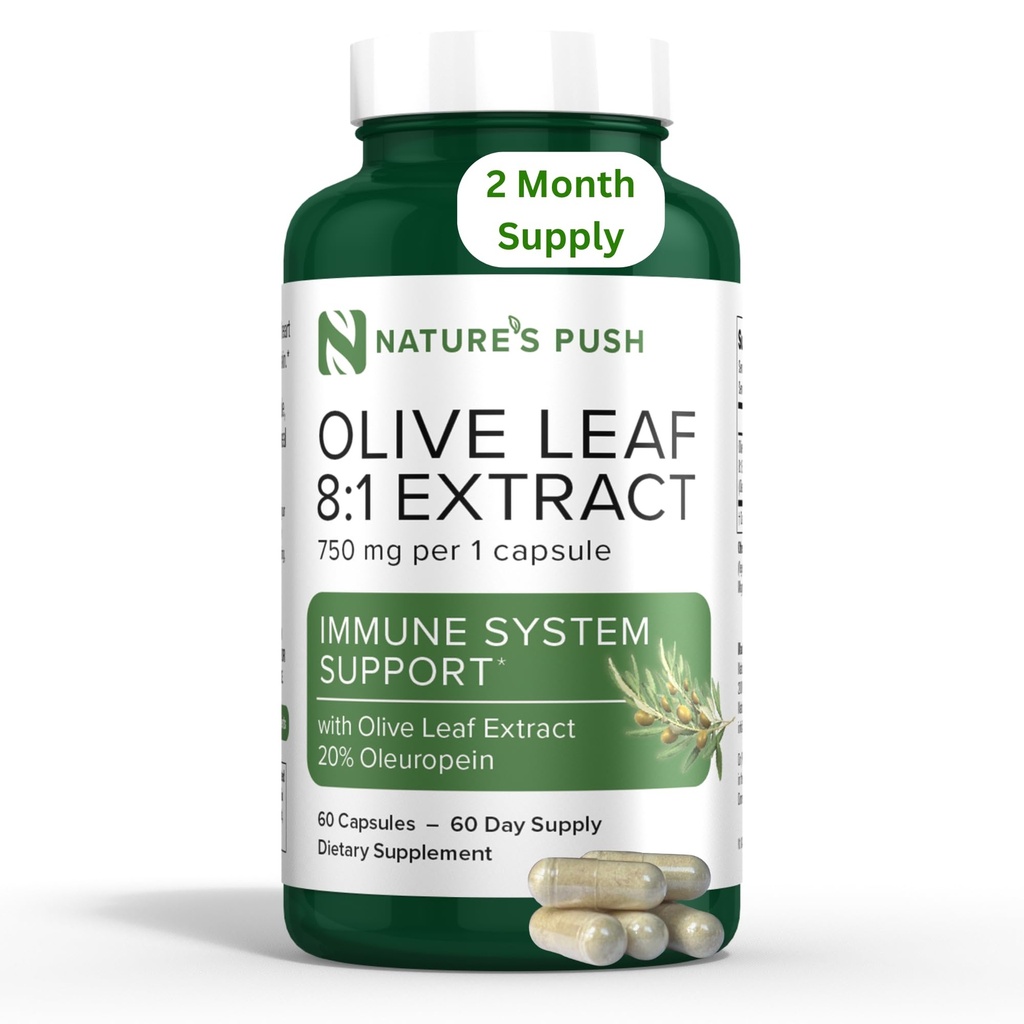 Nature's Push Super Potent Olive Leaf 8:1 Extract 20% Oleuropein 750mg Capsule Immune System, Huid, en Hart Gezondheid Ondersteuning Vegan Non-GMO USA cGMP Glutenvrije Antioxidanten 60 Capsules 2 Maand Levering