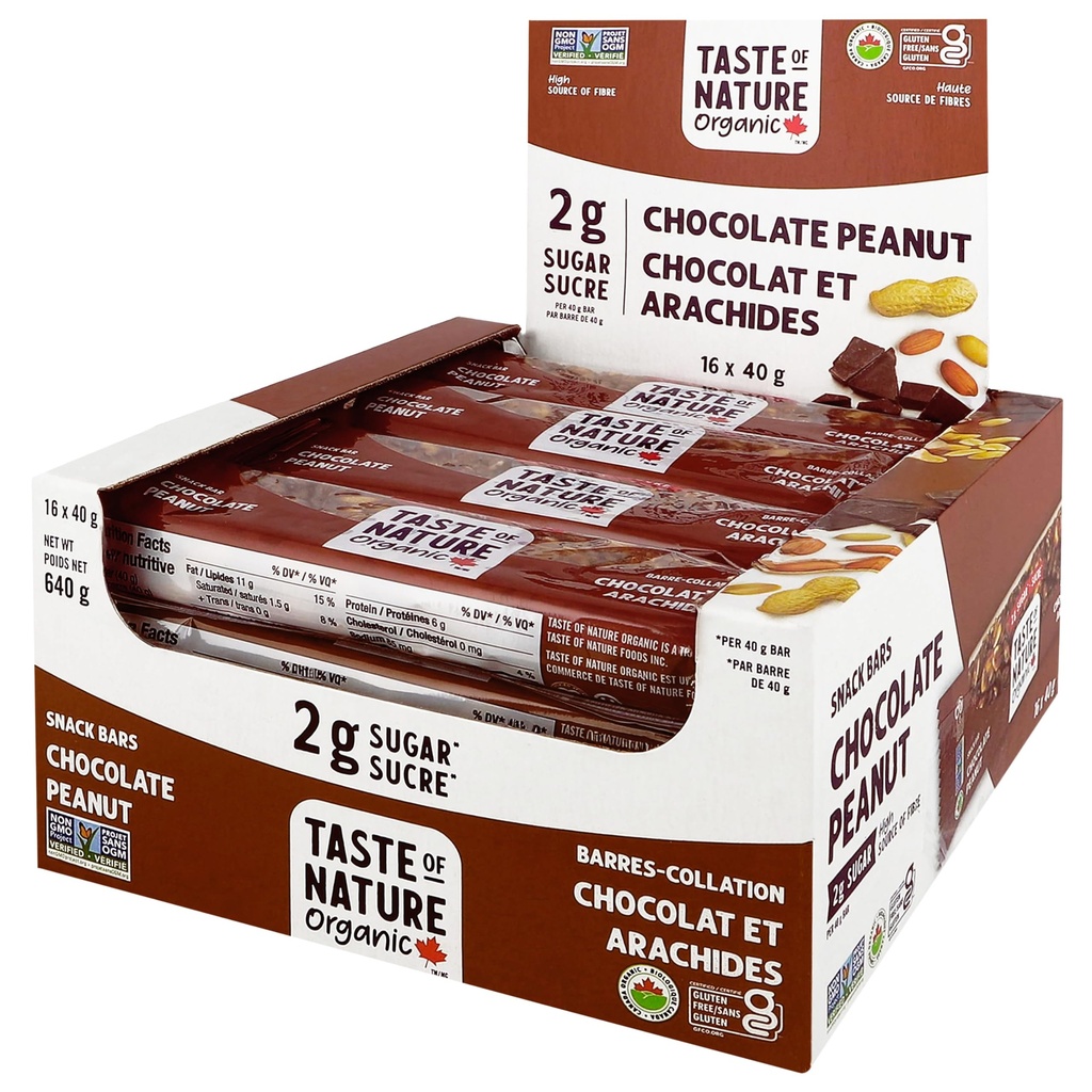 Goût de la nature - 2g d'arachides de chocolat au sucre biologique - Bar à snack et petit déjeuner à faible teneur en sucre, bar à haute teneur en fibres énergétiques - 16 Count Snack Pack