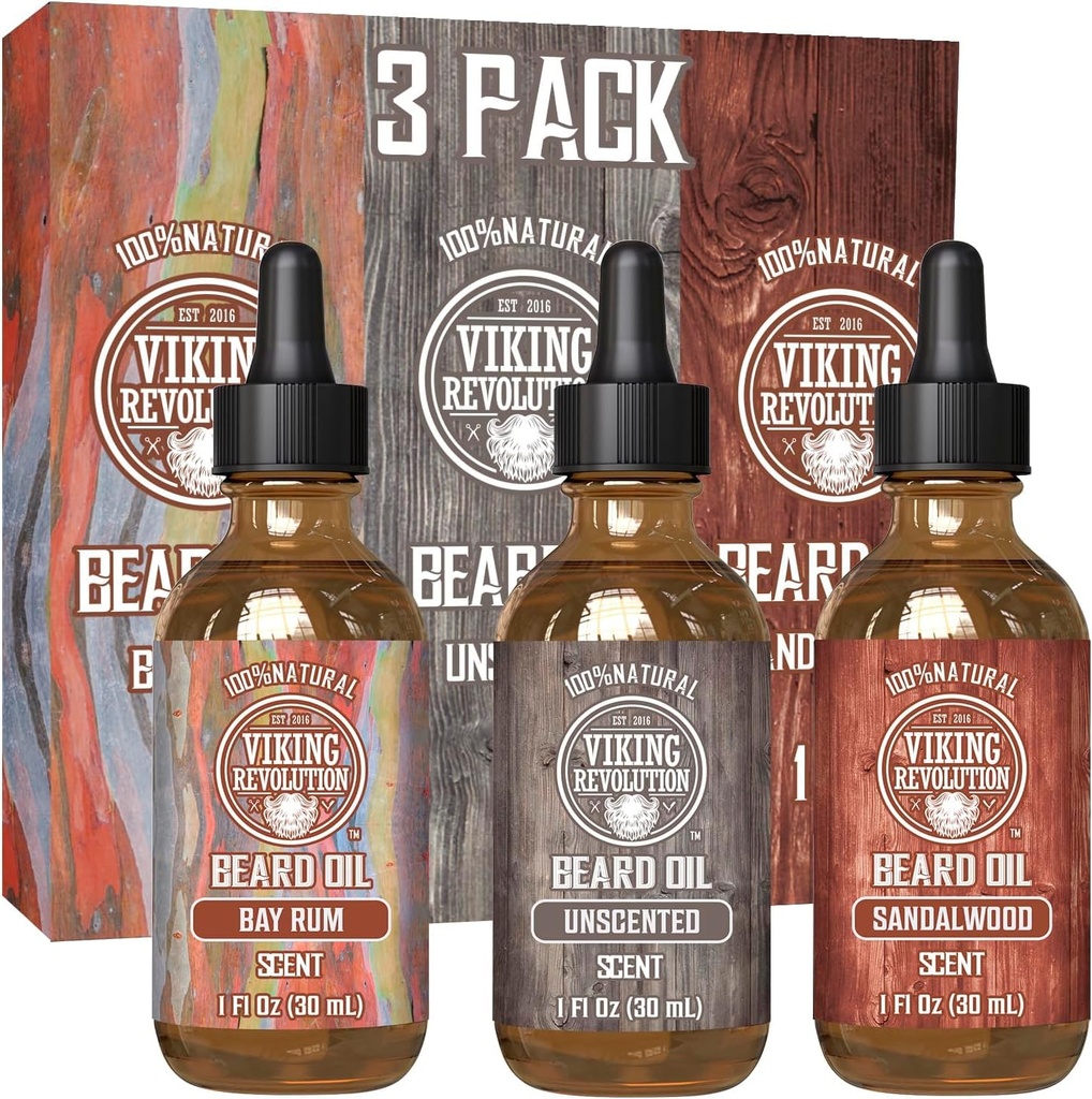 Viking Revolution Baard Olie voor mannen 3 Pack - Natuurlijke Heren Baard Olie Variëteit Set 2 - Sandalwood, ongeparfumeerde en Bay Rum Geuren - Baard Conditioning en vochtinbrengen voor een gezonde baard (3 Pack, 1oz)