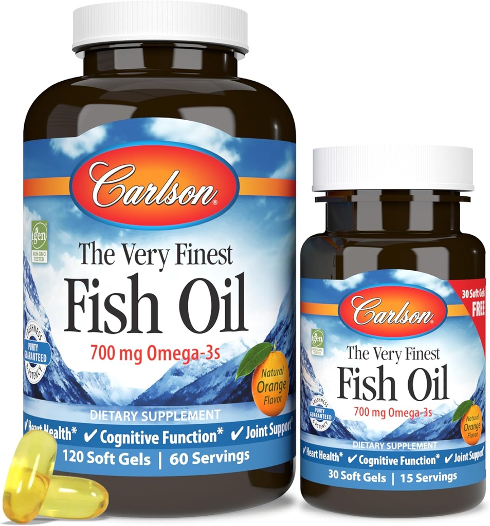 Carlson - De zeer fijnste visolie, 700 mg Omega-3s, Noorse visoliesupplement, Wild Caught Omega-3 Visolie, duurzaam geproduceerde visoliecapsules, Omega-3 Supplement, Oranje, 120+30 Softgels
