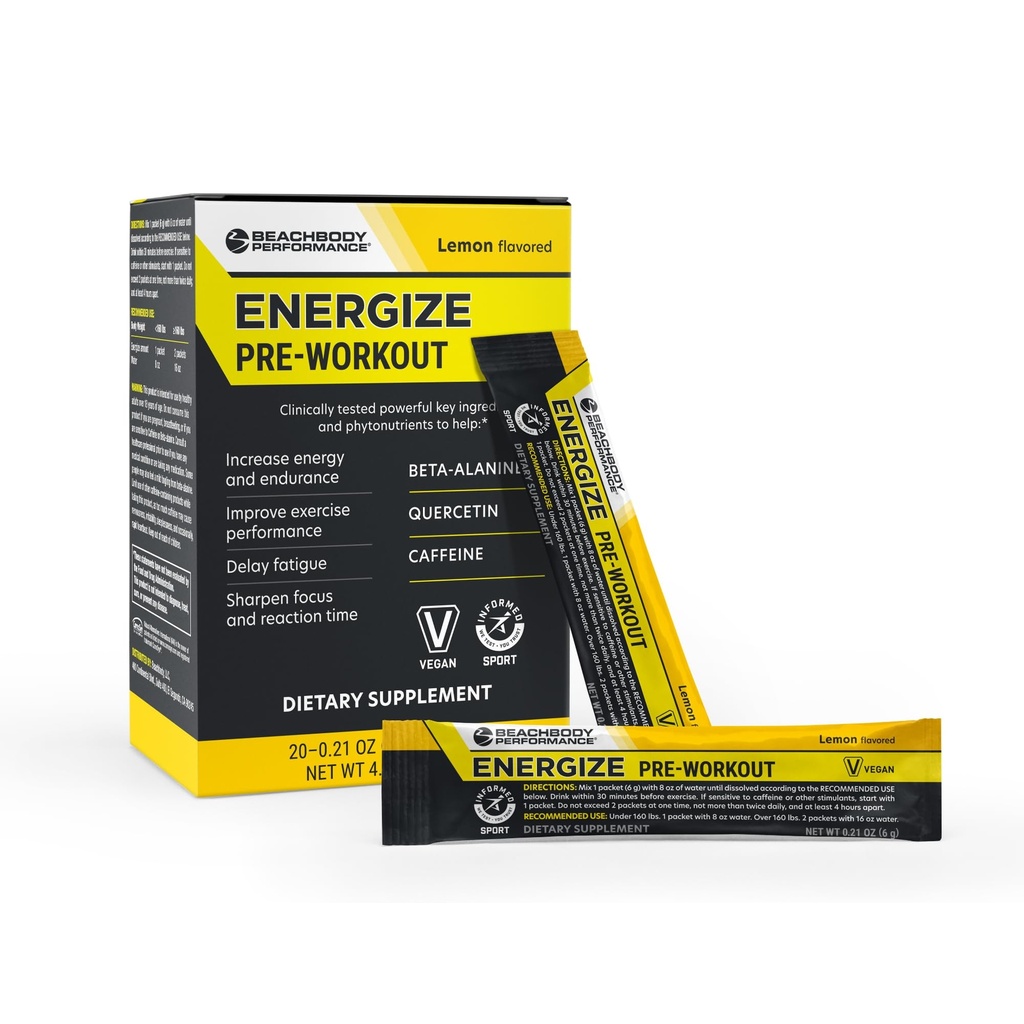 BODi Energize Pre Workout Powder - Beta-Alanine, Quercetin et formule de caféine à faible teneur en sodium pour l'énergie et la concentration accrues, augmenter le supplément d'énergie et d'endurance, Lemon Aromatisé, 20 bâtons