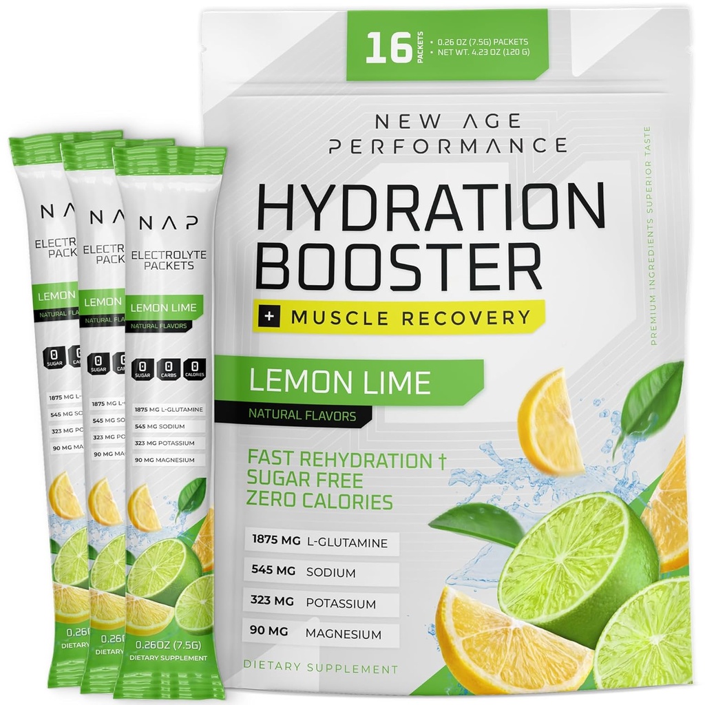 Nouvelle performance d'âge Packets d'hydratation, Poudre d'électrolytes, Enhancer liquide pour le soulagement de la déshydratation, Acides L-Glutamine Amino pour la récupération d'entraînement musculaire, sans sucre et 0 calories, 16 bâtons (Lémon Lime)