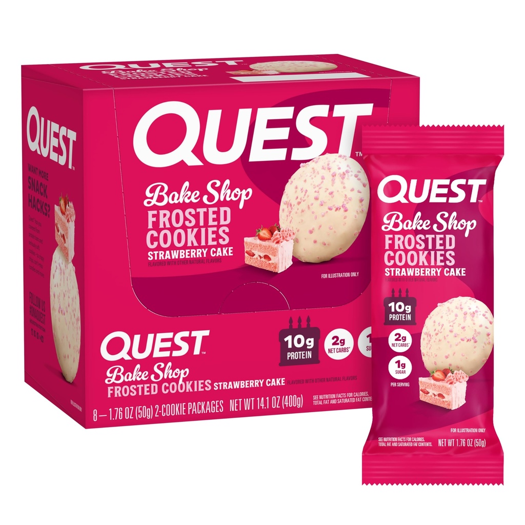 Quest Nutrition Frosted Cookies Twin Pack, Aardbei Cake, 1g Suiker, 10g Proteïne, 2g Net Carbs, Glutenvrij, 16 Cookies