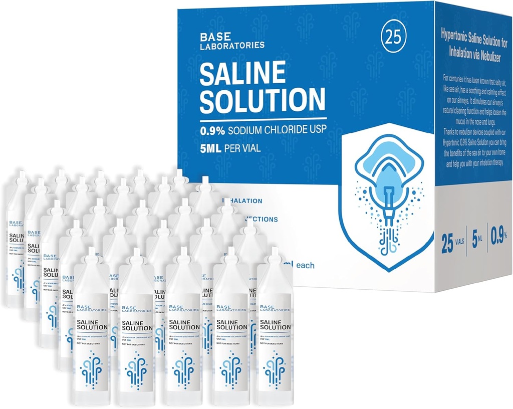 LABORATOIRES DE BASE Solution saline à 0,9% pour la machine à nébuliseur Solution saline pour l'inhalation et l'irrigation nasale Concentration à 0,9% L 25 Viales 5ml Dose unitaire