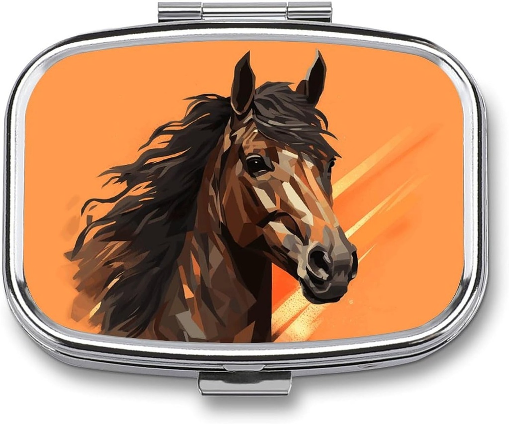 Pillendoos 2 Compartiment Geneeskunde Pillendoos Oranje Achtergrond met paardenkop bedrukt Portable Pillendoos Travel PillenOrganisator voor Pocket Purse Dagelijkse Geneeskunde Vitamine Box Fish Oil Box Supplement Box