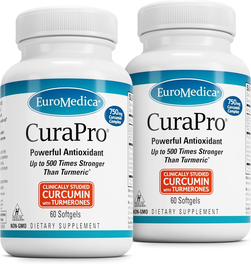EuroMedica CuraPro - Antioxidant Supplement for Brain & Immune Health Support - Dieetsupplement met Curcumine & Turmeric Essential Oil - Herbal Liver Support - 60 Softgels, 2 Pack (120 Softgels)
