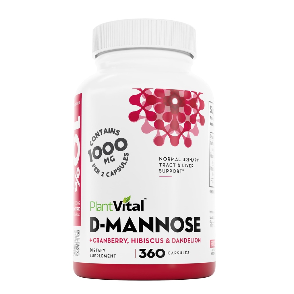 Plantvital D Mannose Capsules met Cranberry - D-mannose 1000mg Capsules - Hoge potentie voor blaas, nieren en urinetrek ondersteuning. Cranberry Powder met Hibiscus en Dandelion. 6 maanden levering