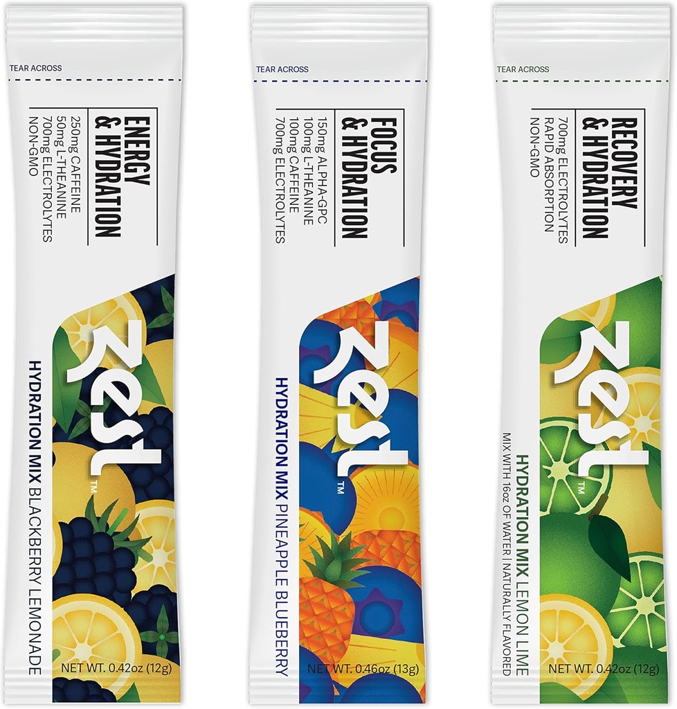Poudre d'électrolyte d'hydratation de zeste - Boîte de variétés - Mélange avec/eau - 6 packs de voyage - Supplément à faible teneur en sucre - Récupération, énergie, et boisson concentrée - IV Piliers de réhydratation liquide y compris sel et potassium