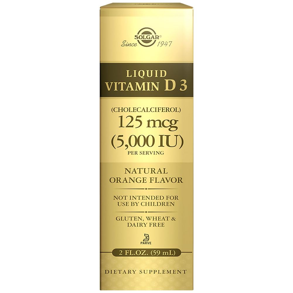 Solgar Liquid Vitamin D3 125 mcg (5.000 IE), 2 fl oz - Heerlijke, natuurlijke sinaasappelsmaak - helpt gezonde botten en tanden - Immuunsysteemondersteuning - Glutenvrij, zuivelvrij, Kosjer - 59 porties