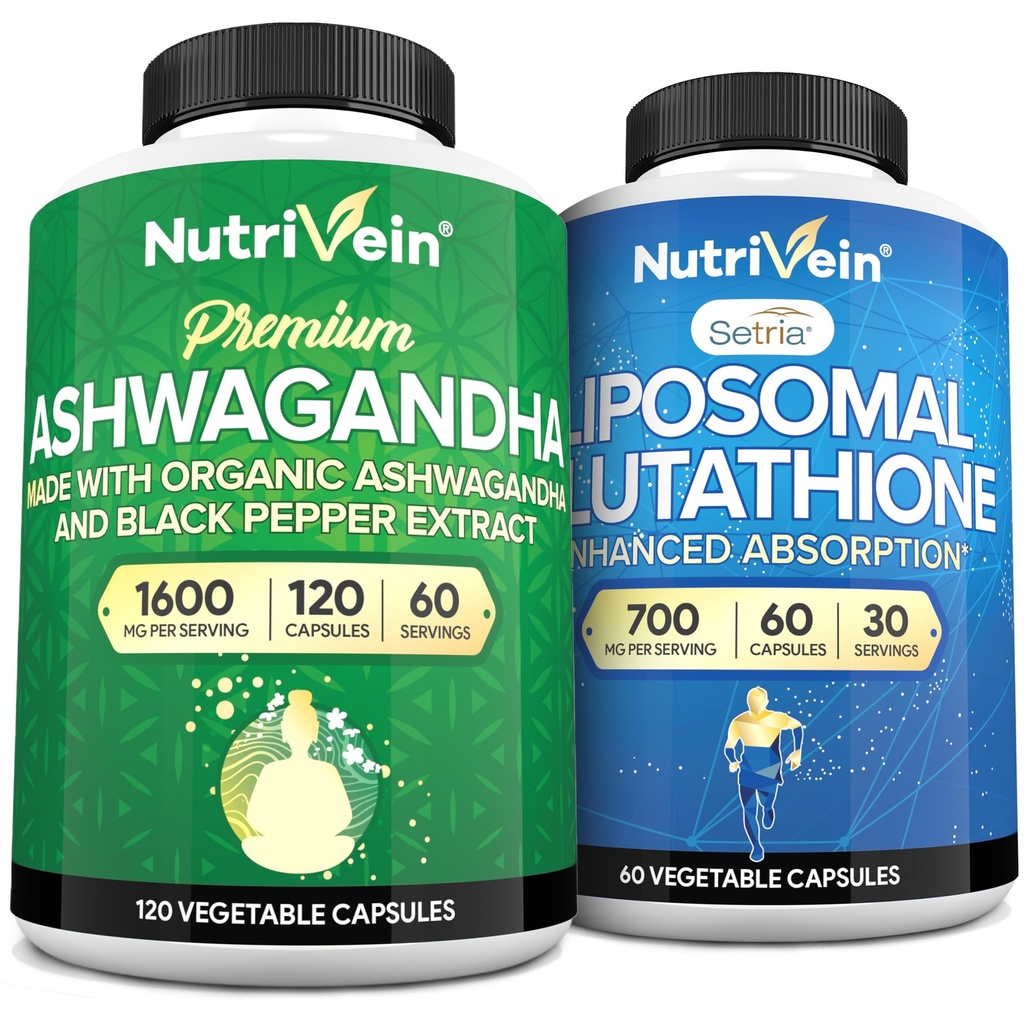 Nutrivein Premium Ashwagandha & Supplément de glutathion liposomique: supplément de glutathion à haute absorption et suppléments de glutathion pour l'immunité, l'équilibre, la vitalité et la désintoxication