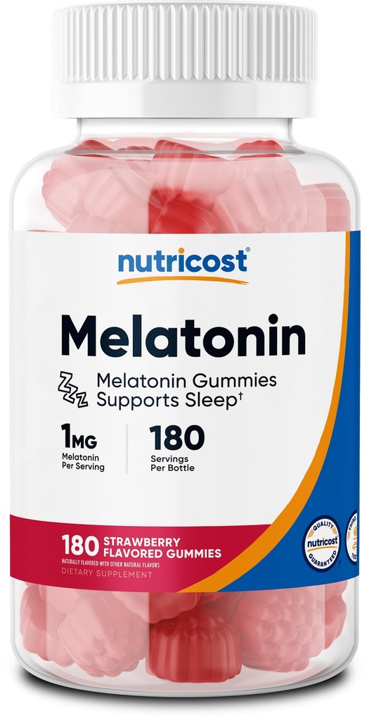Nutricost Melatonine 1mg, 180 Gummies, Aardbei Gearomatiseerd - Glutenvrij, Non-GMO, Geen Corn Siroop