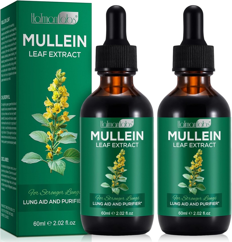 2 Pack Mullein Drops voor Longen, Natuurlijke Mullein Kruidensupplementen, Mullein Leaf Extract voor Long Reiniging en Respiratoire Ondersteuning, 2,02 fl oz