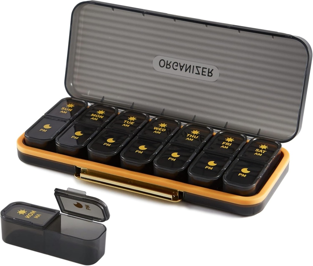 Organisateur hebdomadaire de pilules 2 fois par jour - Pill Case Am Pm - Travel Pill Box 7 Day Portable Daily Vitamine Conteneur Distributeur de médecine esthétique avec 7 compartiments séparés Matin Night Supporter supplément