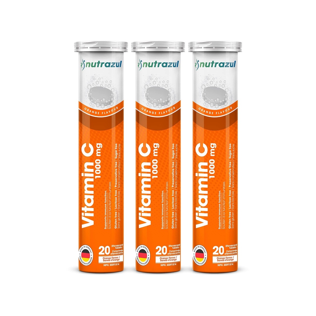 Nutrazul Vitamine C 1000mg Comprimés effervescents, supplément VIT C pour aider à maintenir la fonction immunitaire, sans gluten, sans lactose, sans sucre, sans conservateur, saveur orange, 20 comte, paquet de 3