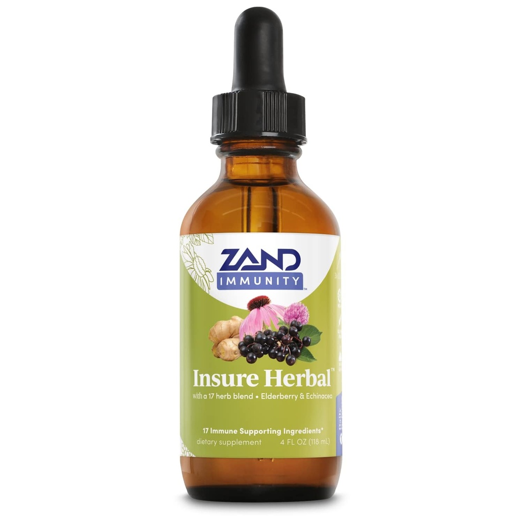 ZAND HERBALS Verzekeren Herbal Liquid Blend - 17 Wellness Ingrediënten - w/Echinacea, Vlierbessen, Gember, Salie, Pepermunt en meer - Glutenvrij, Veganistisch, Niet-GMO, 60 dagen garantie, 147 porties, 4 FL OZ