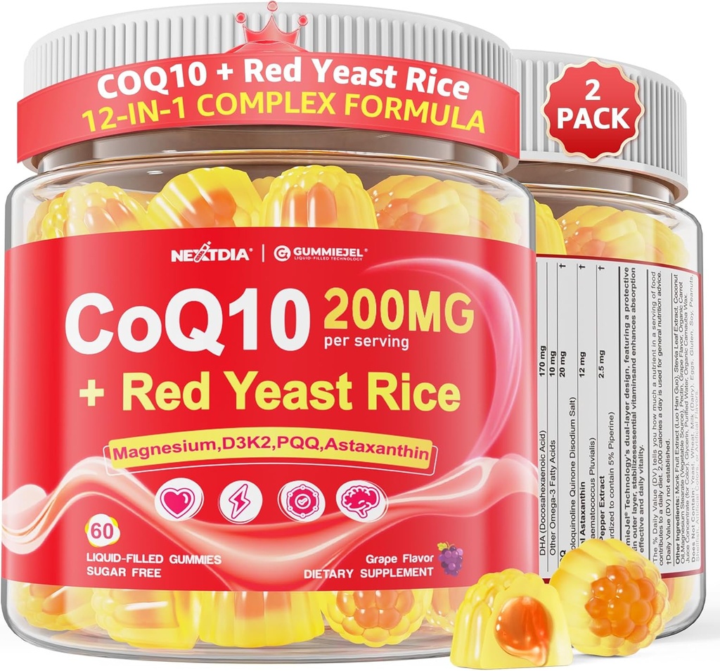 CoQ10 Gummies for Adults - Sugar Free CoQ10 100mg/200mg w/ Magnesium, Ashwagandha, Methyl Vitamines B9, B12, B6, Black Pepper, High Absorptie CoQ10 Supplement - Energy, Antioxidant, Relax & Bone,2Pack
