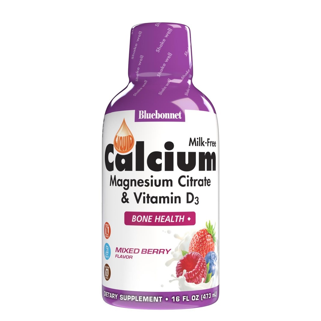 Bluebonnet Voeding Liquid Calcium citraat, Magnesium, Vitamine D3, Bot Gezondheid, Glutenvrij, Sojavrij, Melkvrij, Kosjer, 16 fl oz, 32 Servers, Gemengde Bessensmaak