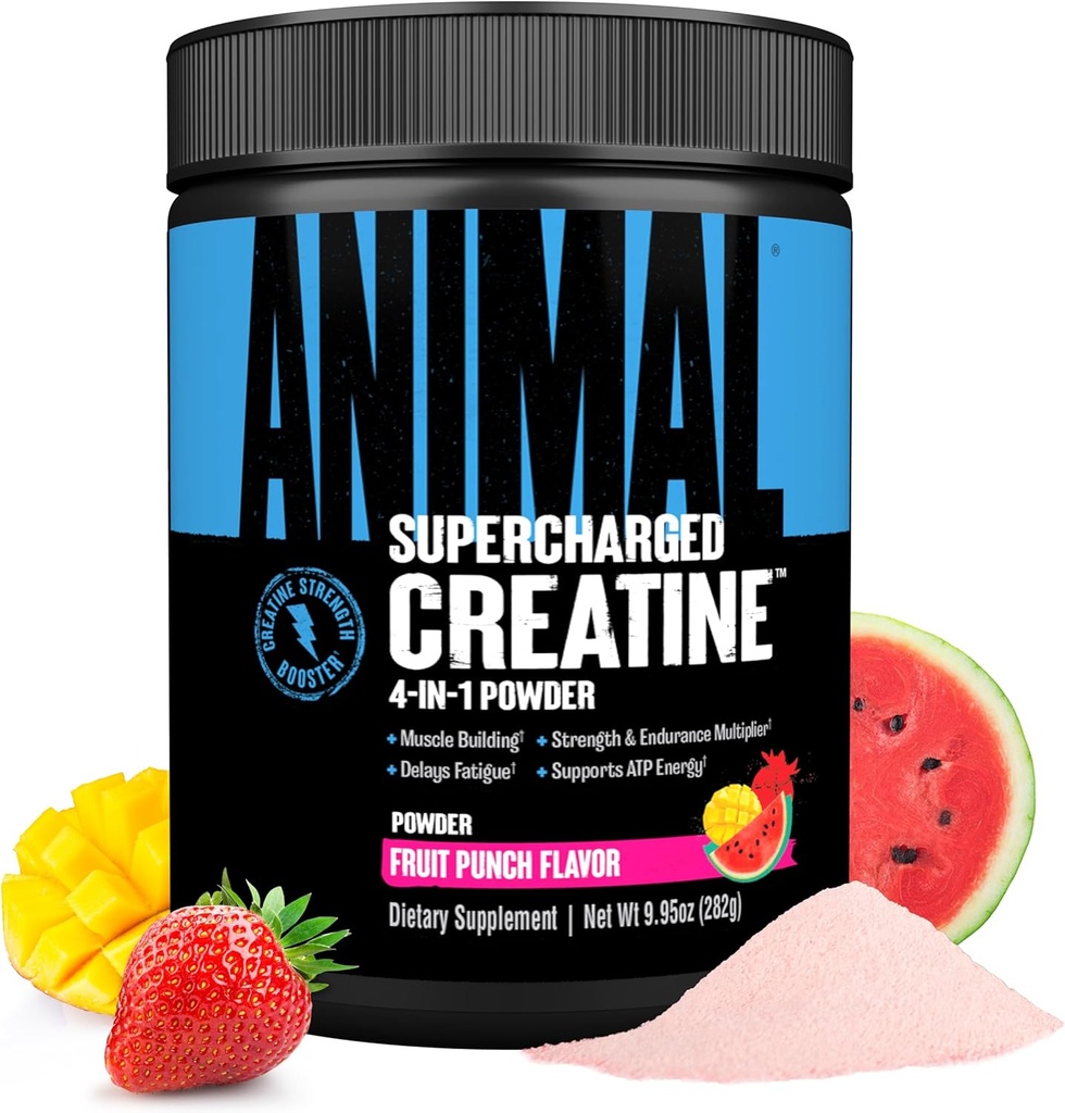 Animal Supercharged Creatine Powder - Flavored Creatine Monohydraat Enhanced with Betaine Anhydrous, PurpleForce & Senactiv, Strength, Endurance, Muscle Recovery for Men and Women Fruit Punch, 300g