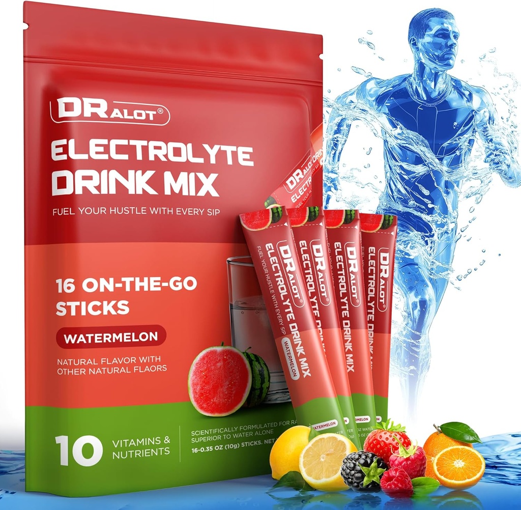 Poudre d'électrolytes sans sucre avec des arômes naturels, 3X packs d'hydratation rapide avec 10 électrolytes et vitamines, liquide quotidien IV, non-OGM, sans gluten, kéto, végétalien, 16 bâtons, pastèque
