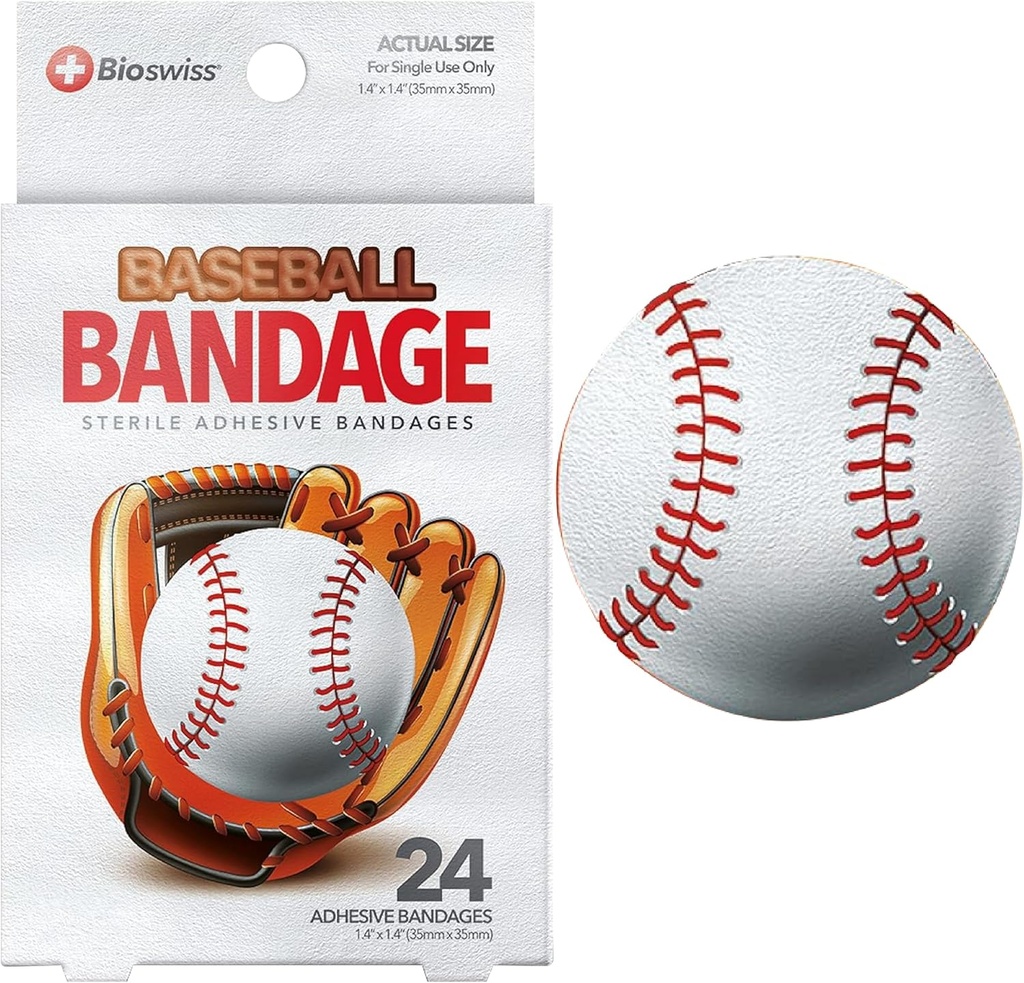 BioSwiss Kids Bandages, Honkbal Shaped Zelfklevende Bandage Set, Latex Gratis, Steriele Wound Care, 24 Tellen