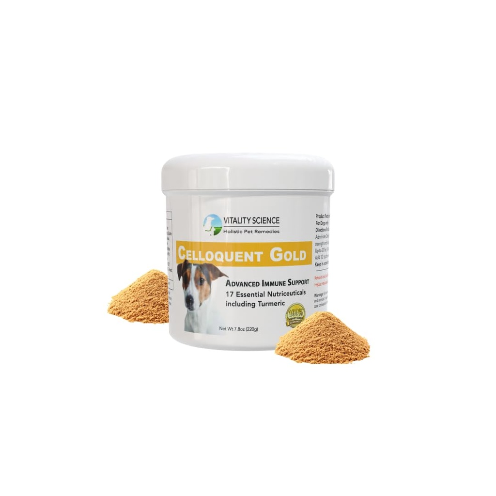 Vitalité Science Celloquent Or pour chiens , Holistic Advanced Immune Support Supplement , 17 ingrédients prouvés , Auto Immune , Vomissement et Diarrhée , Dépression (220g)