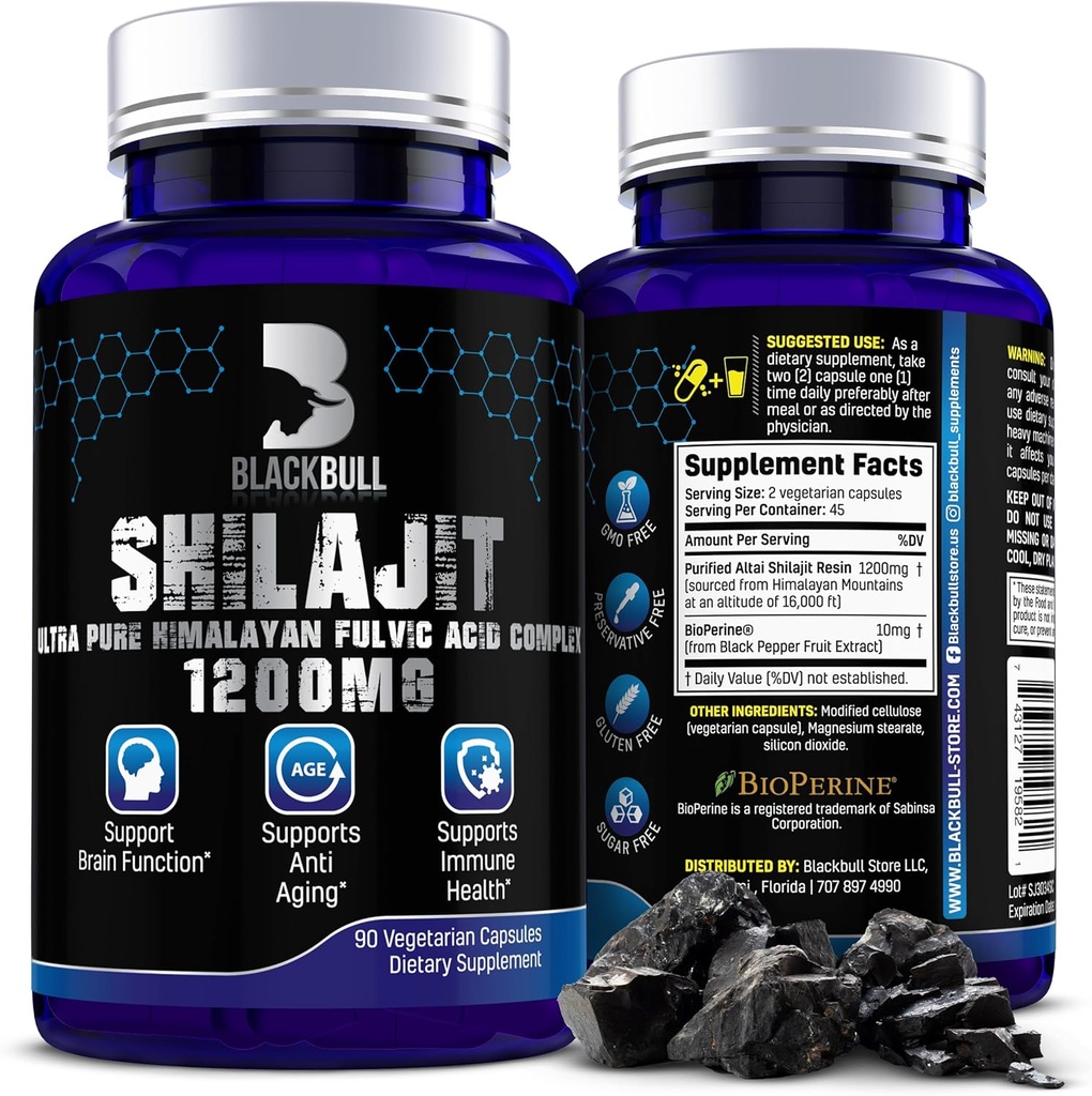 Blackbull Shilajit Pure Himalaya Organic Capsules - Natural Shilajit Resin Organic with 20% Fulvic Acid Supplement, Brain Health, Aging Immune Support - Pure Himalaya Shilajit