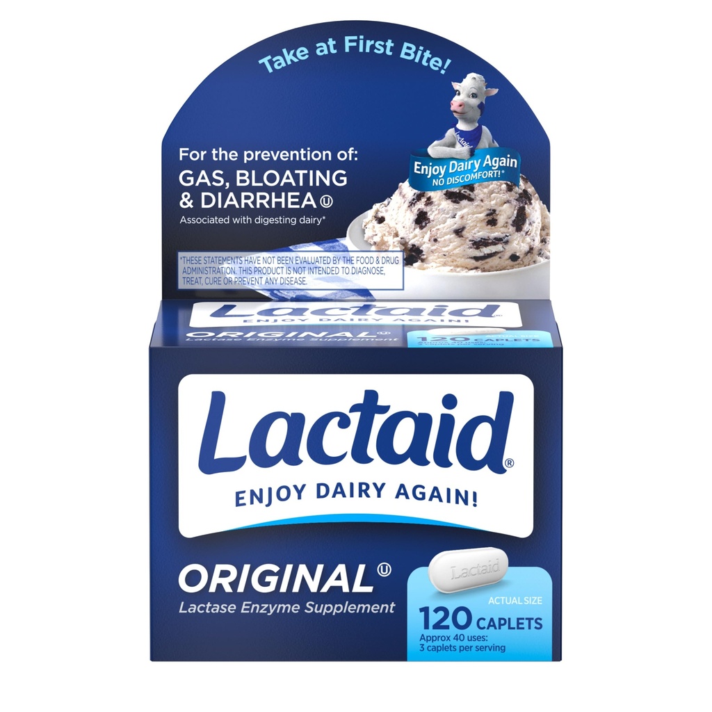 Lactaid Original Strength Lactose Intolerance Pillen, 9000 FCC Natural Lactase Enzyme Dairy Relief Caplets, helpt bij het voorkomen van gas, opzwellen en diarree als gevolg van Lactose gevoeligheid bij volwassenen en kinderen, 120 Tel.