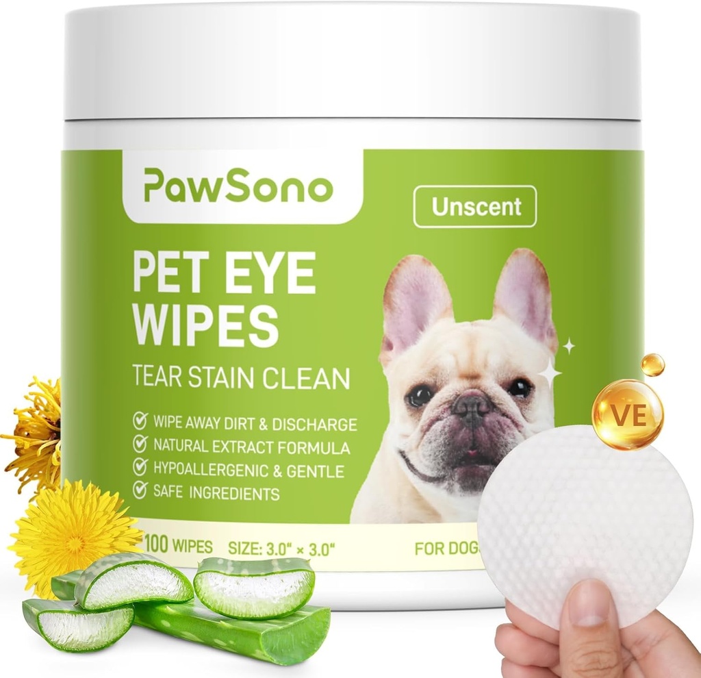 Wipes pour les yeux pour chiens et chats, Nettoyant pour yeux hypoallergénique pour chiens, Nettoyage naturel Wipes pour animaux de compagnie grooming Enlever délicatement la tache, les débris oculaires, Décharge, Mucus, Non-irritant, Unscent, 100 pcs