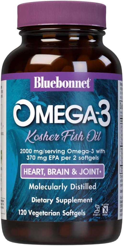 Bluebonnet Voeding Omega-3 Kosher Visolie, Natuurlijke triglyceridevorm, Glutenvrij, Dairy-Free, Kosher Gecertificeerd, Niet-GMO, 3e partij Getest, Moleculair Gedistilleerd, 120 Vegetarisch Softgel, 60 Serveren