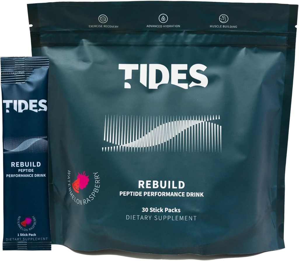 Getijden Rebuild Complex Peptide Stick Pack, Watermeloen Rasberry, Flavored Powder Drink Mix Packs voor Muscle Health Ondersteuning, 30 Stick Packs