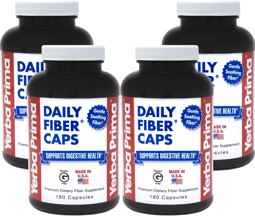 Yerba Prima Daily Fiber Caps - 180 Capsules, (verpakking van 4) - Oplosbare en onoplosbaar Dieetvezel Supplement - Colon Cleanse - Gut Health - Vegan, Non-GMO, Glutenvrije