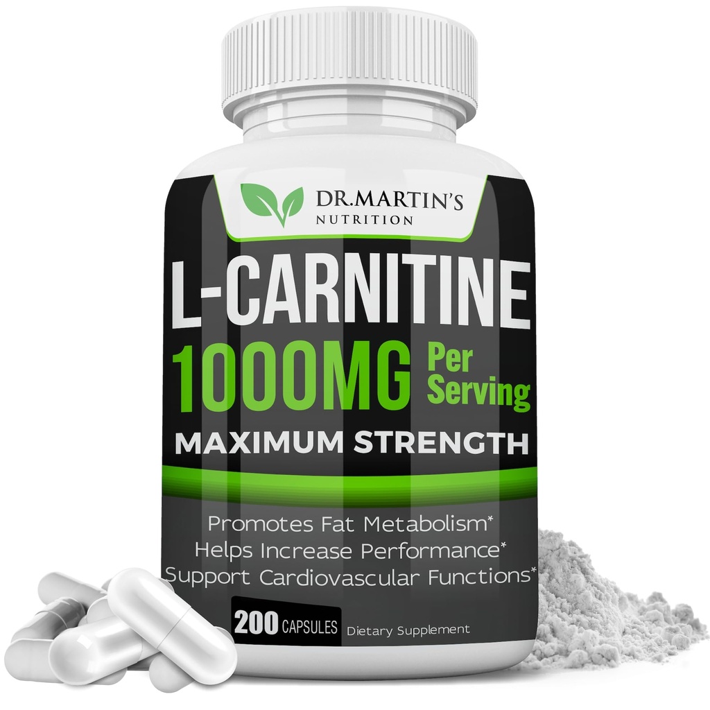 DR. MARTIN'S NUTRITION Extra Strength L-Carnitine - 200 Capsules - 1000mg Per Serving - Boost Your Metabolism and Increase Performance