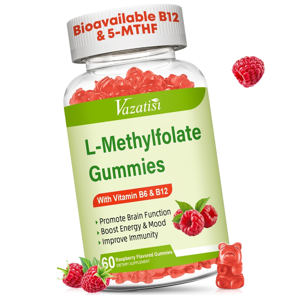L-Methylfolaat 15 mg Gummies met Methyl B12, Folaat Supplement voor Mood, Hersengezondheid, Immune Support, Raspberry Flavor, 60 Tellen