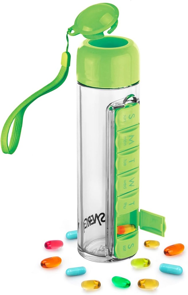 Organisateur Synergy de bouteille d'eau et de pilule - Conteneur de voyage pour eau, jus, vitamines - Pillbox portable de 7 jours - pour l'extérieur, gymnastique, voyage - Easy Carry Strap - BPA sans plastique - 400ml (vert)