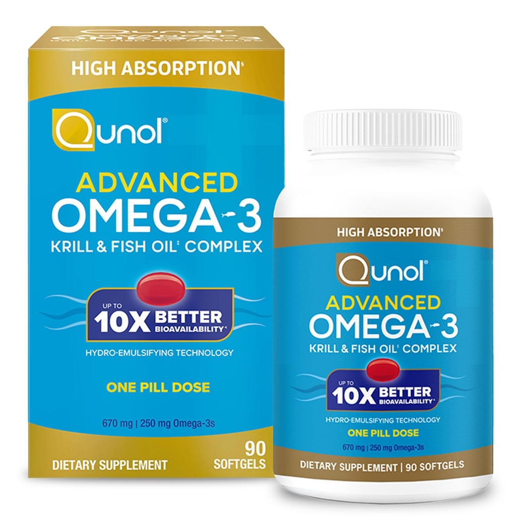 Qunol Advanced Omega 3 Krill and Fish Oil Complex, 10x Better Biobeschikbaarheid, One Pill Dose, 250mg EPA & DHA, Ondersteunt Hersenen, Oog, Hart en Gezamenlijke Gezondheid, 90 Tellen (Pack of 1)