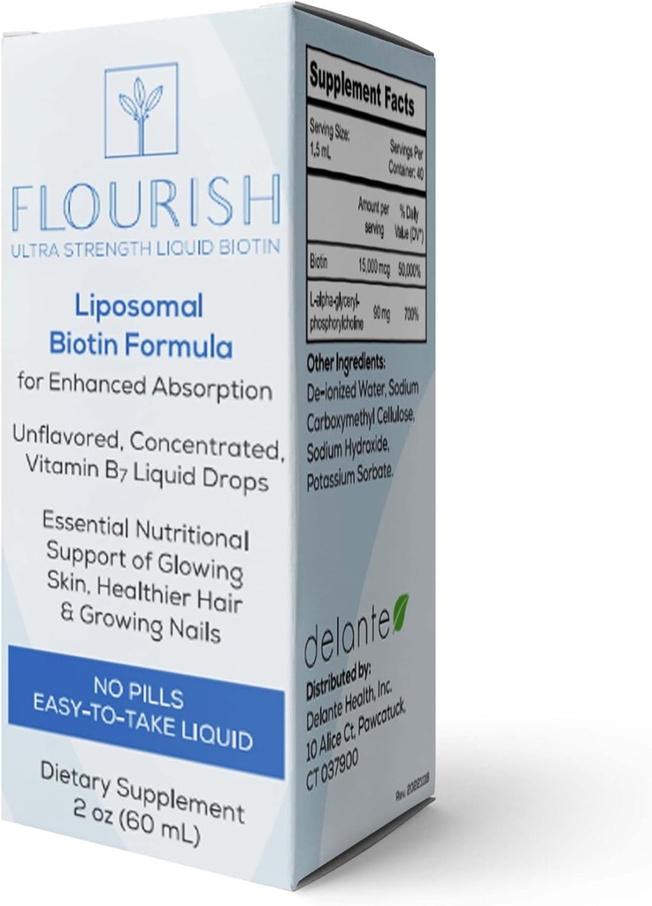 Solace Nutrition - Floerish Biotin Hair, Skin and Nails Vitaminen, Liquid Vitamine Supplementen met Vitamine B7, Unflavored Hair Growth Supplement, Ultra-Strength Biotin Vitaminen, 15.000 mcg, 2fl oz